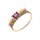 18ct gold, ruby and seed pearl ring, size R, 2.9g gross approx