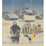 20th Century Russian School - Watercolour - Woman in the snow with cat and cockerel, indistinctly