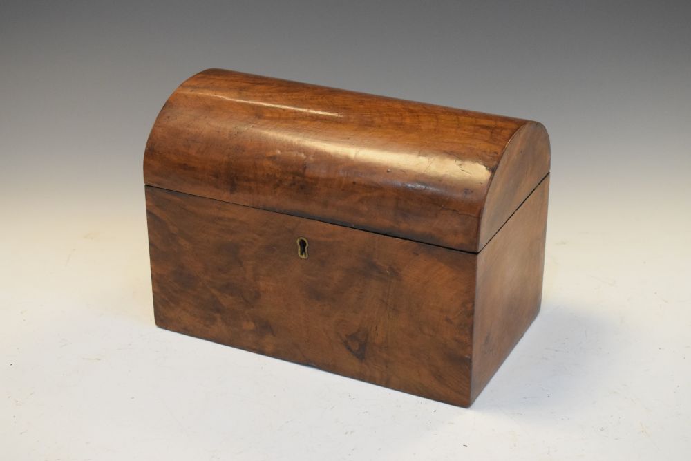 Victorian figured walnut dome-top tea caddy of two divisions enclosing sundry effects