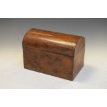 Victorian figured walnut dome-top tea caddy of two divisions enclosing sundry effects
