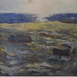 E. Berthelsen Stenvig - Oil on canvas - Danish coastal scene with cottages, 77cm x 77cm, signed