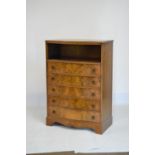 Old reproduction figured walnut veneered serpentine front chest of five drawers, 85cm wide