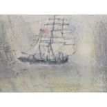 Patrick Collins - Bristol Savage - Pen and ink and watercolour - Three-masted sailing ship with