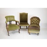Victorian walnut salon chair having button back upholstery on turned front supports, together with a