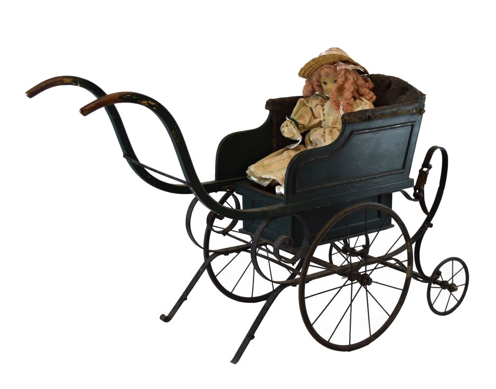 Late Victorian green painted wooden and iron perambulator (pram), with deep-buttoned hide seat-