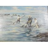 Early 20th Century oil on board - Cockle gatherers, indistinctly signed, 25cm x 33cm, framed