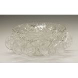 Moulded glass punch bowl, hooks and cups, the bowl 35cm diameter