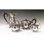 Elizabeth II silver four-piece tea set comprising: teapot, baluster hot water jug, two handled sugar