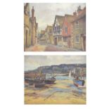 Francis G. Trott - Pair of oil on boards - Cornish fishing village at low tide, and a village street