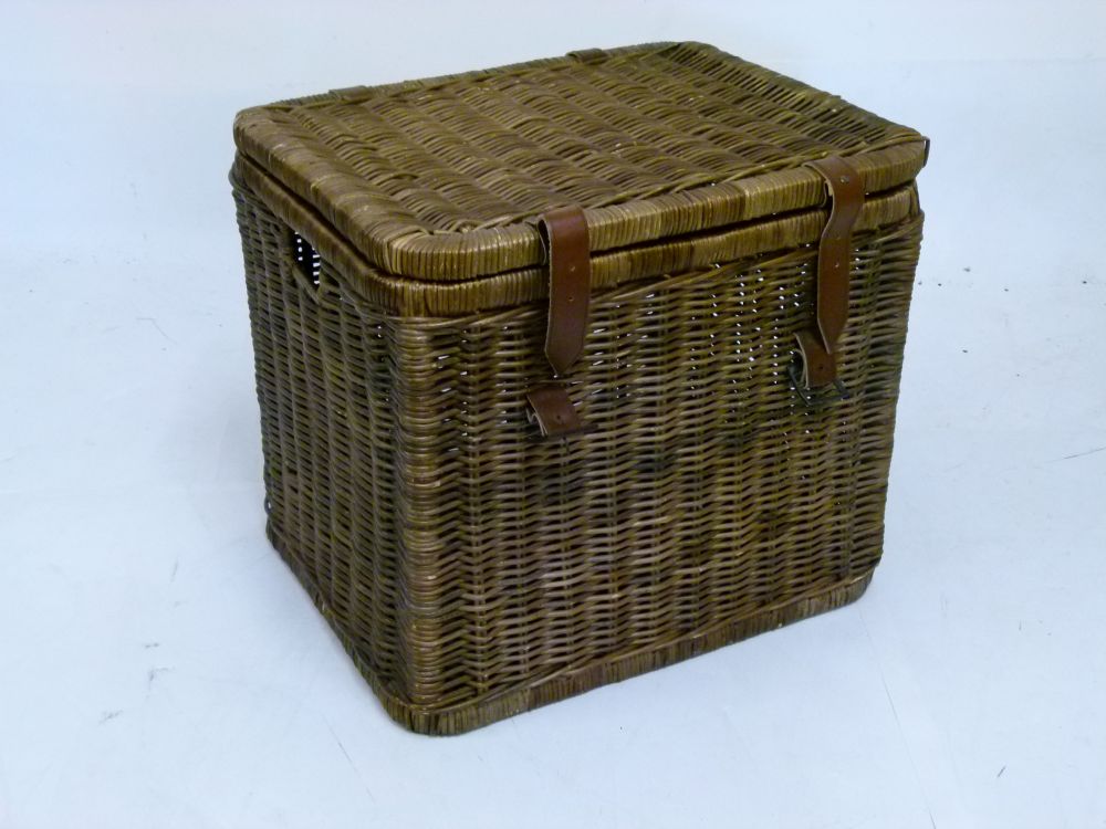 Wicker and leather hamper or basket with cover, 56cm wide x 45cm deep x 49cm high