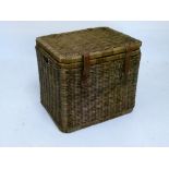Wicker and leather hamper or basket with cover, 56cm wide x 45cm deep x 49cm high