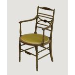 Early 19th Century Regency-style painted Folk Art open arm chair with flower-decorated top rail