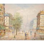 Burnett - Oil on canvas - Parisian street scene with the Eiffel Tower, 49.5cm x 59.5cm