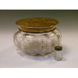 George V silver-mounted tortoiseshell-lidded glass pot, the circular tortoiseshell cover with silver