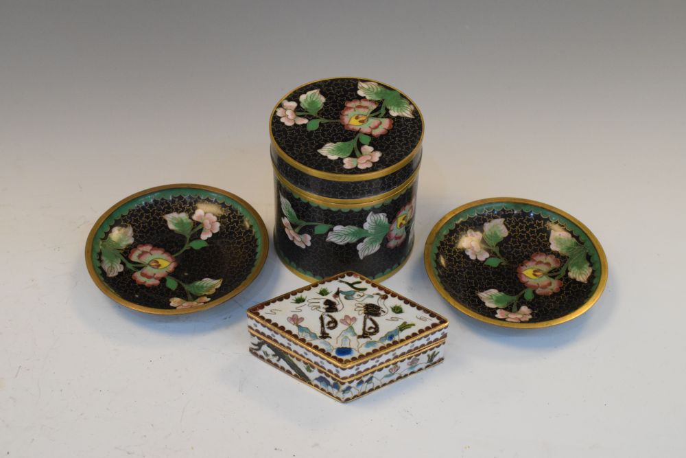 20th Century cloisonné cylindrical pot, lozenge-shaped pot and two dishes, the first 8cm high (4)