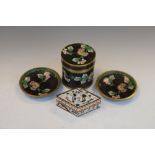 20th Century cloisonné cylindrical pot, lozenge-shaped pot and two dishes, the first 8cm high (4)