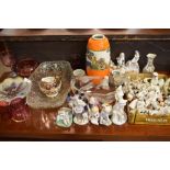 Assorted collectables to include; porcelain figurines, coloured glassware, Chinese Canton Famille