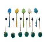 Set of six George V silver and enamel demi-tasse coffee spoons with enamel backs and bean terminals,