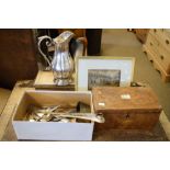 Assorted collectables comprising: early 19th Century burrwood tea caddy enclosing two divisions,