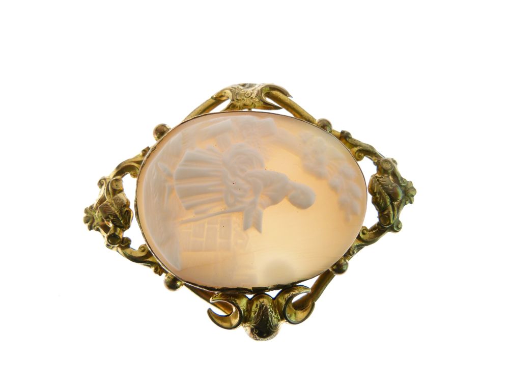 Two gilt metal shell cameo brooches, each depicting figures in landscapes, the larger 48mm x 35mm - Image 4 of 10