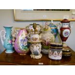 Large selection of Continental porcelain vases, lamp bases, plates etc, to include a Dresden jar and