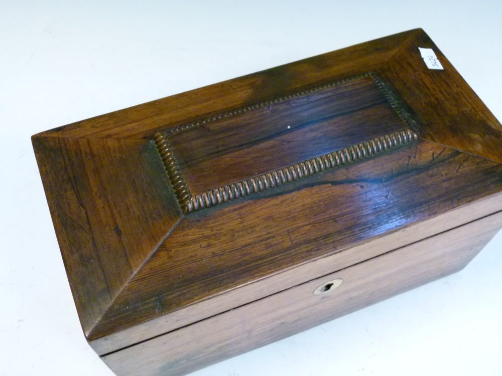 19th Century rosewood sarcophagus tea caddy enclosing two rectangular canisters and glass blending - Image 2 of 6