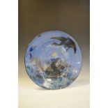 Japanese charger decorated with geese against a blue ground, 47cm diameter, character mark to base