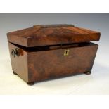 19th Century sarcophagus shaped mahogany tea caddy having hinged cover, raised on four flattened