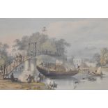 19th Century coloured print - 'Suspension Bridge at Alipor over Tolly's Nulla', 30cm x 41cm, mounted