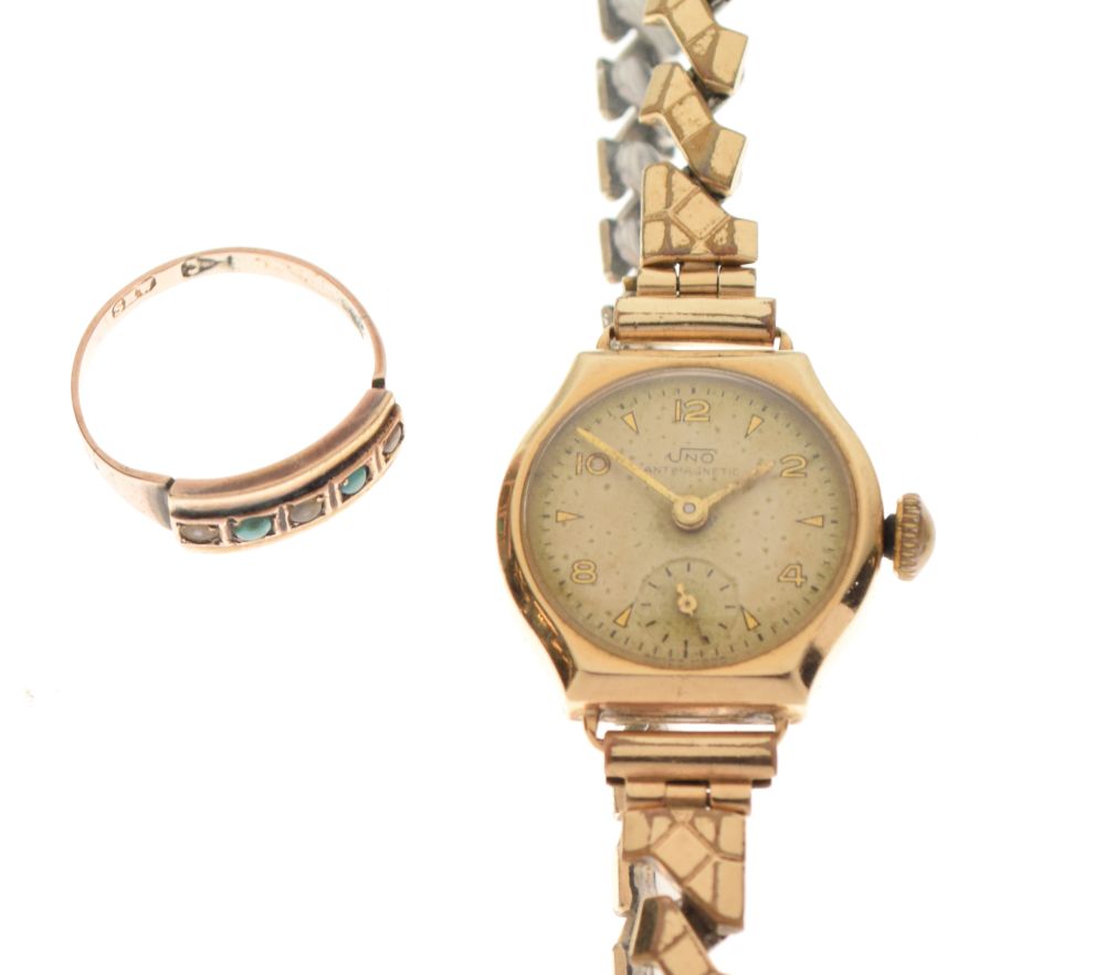 Lady's 9ct gold cased Uno cocktail watch on plated strap, together with a seed pearl and turquoise