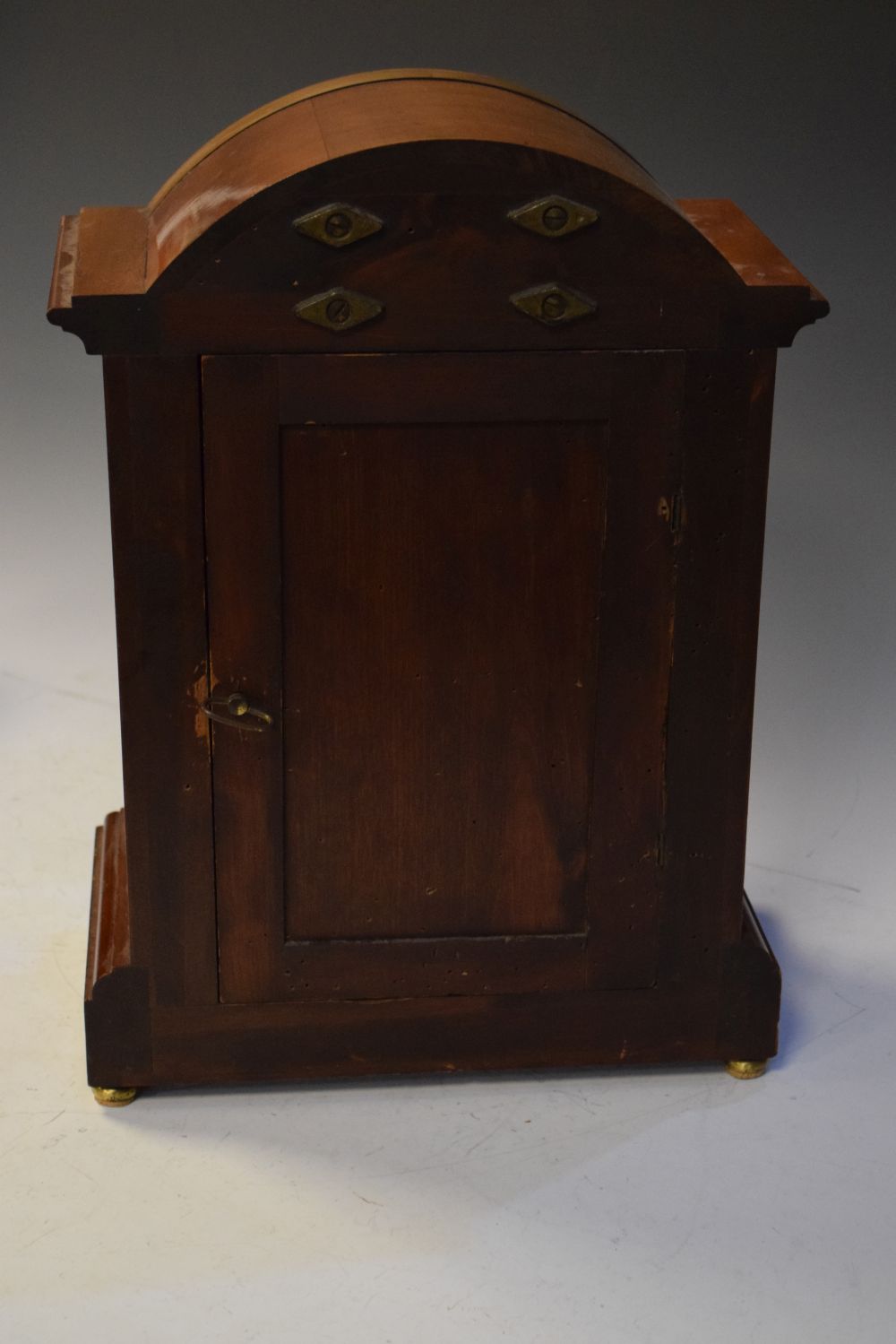 Early 20th Century mahogany and marquetry cased arch dial table clock, presentation inscription - Image 5 of 7