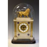 Victorian alabaster and gilt metal mounted mantel clock beneath a glass dome having lion finial,
