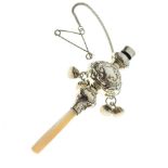 Edward VII silver child's rattle/whistle having four suspended bells and mother-of-pearl handle,