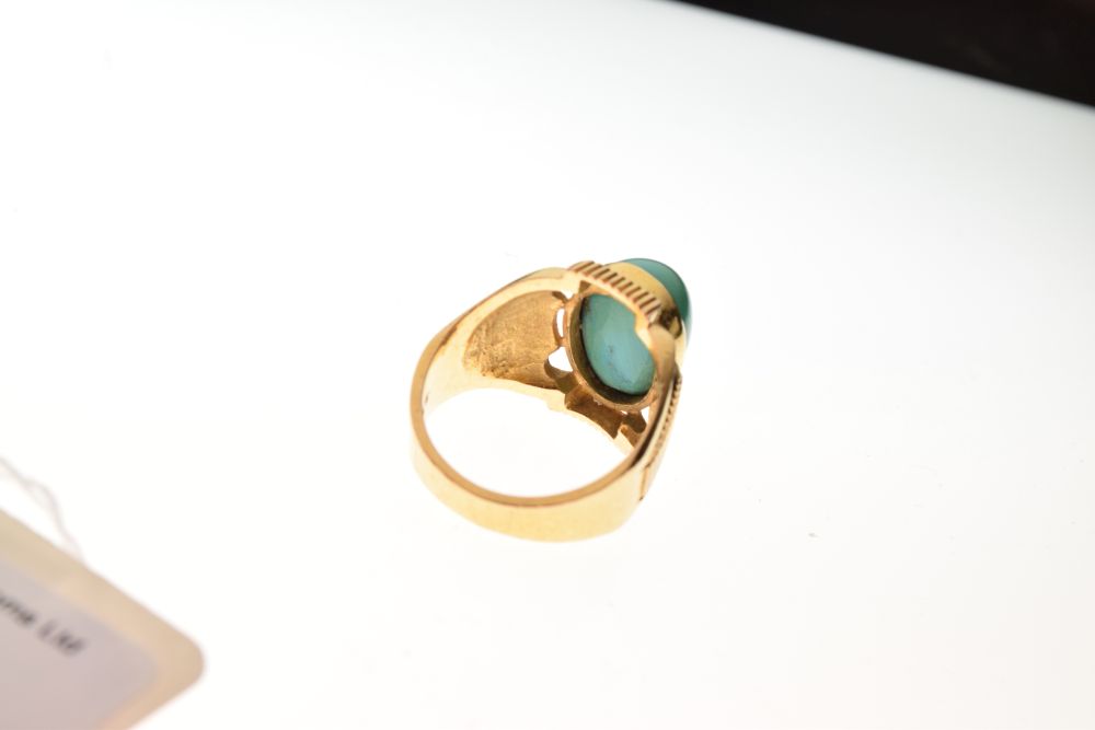 Gold coloured metal turquoise set dress ring with two indistinct stamps inside the shank, 14.8g - Image 4 of 5