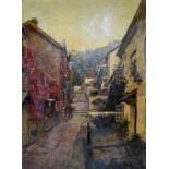 Late 19th/early 20th Century oil on canvas - Clovelly, North Devon, 90.5cm x 59.5cm, in a carved