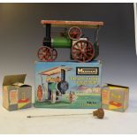 Mamod traction engine and two Mamod miniature grinding machines