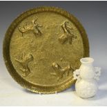 Small Oriental white vase, 13cm high, together with a brass tray decorated with four temple lions,