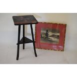 Lacquered square top occasional table and an Oriental framed print