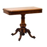 19th Century figured walnut rectangular fold over top tea table on turned column and four scroll