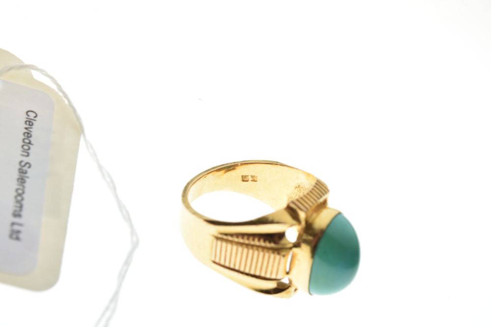 Gold coloured metal turquoise set dress ring with two indistinct stamps inside the shank, 14.8g - Image 5 of 5