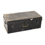 Black metal tin trunk with hinged cover, 90cm wide