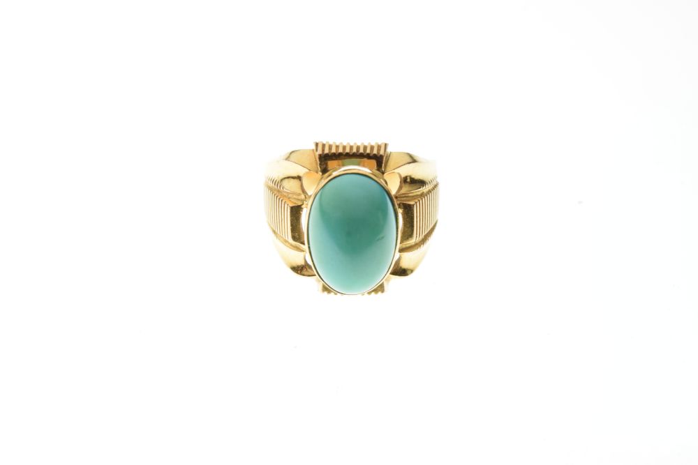 Gold coloured metal turquoise set dress ring with two indistinct stamps inside the shank, 14.8g - Image 2 of 5