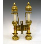 Pair of brass carriage lanterns, marked GWR on a single mount, 36cm high