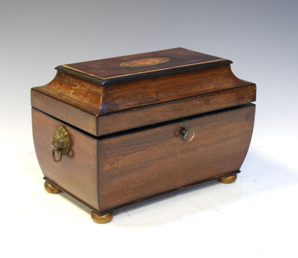 19th Century mahogany sarcophagus shaped two division tea caddy having shell inlaid hinged top on