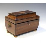 19th Century mahogany sarcophagus shaped two division tea caddy having shell inlaid hinged top on