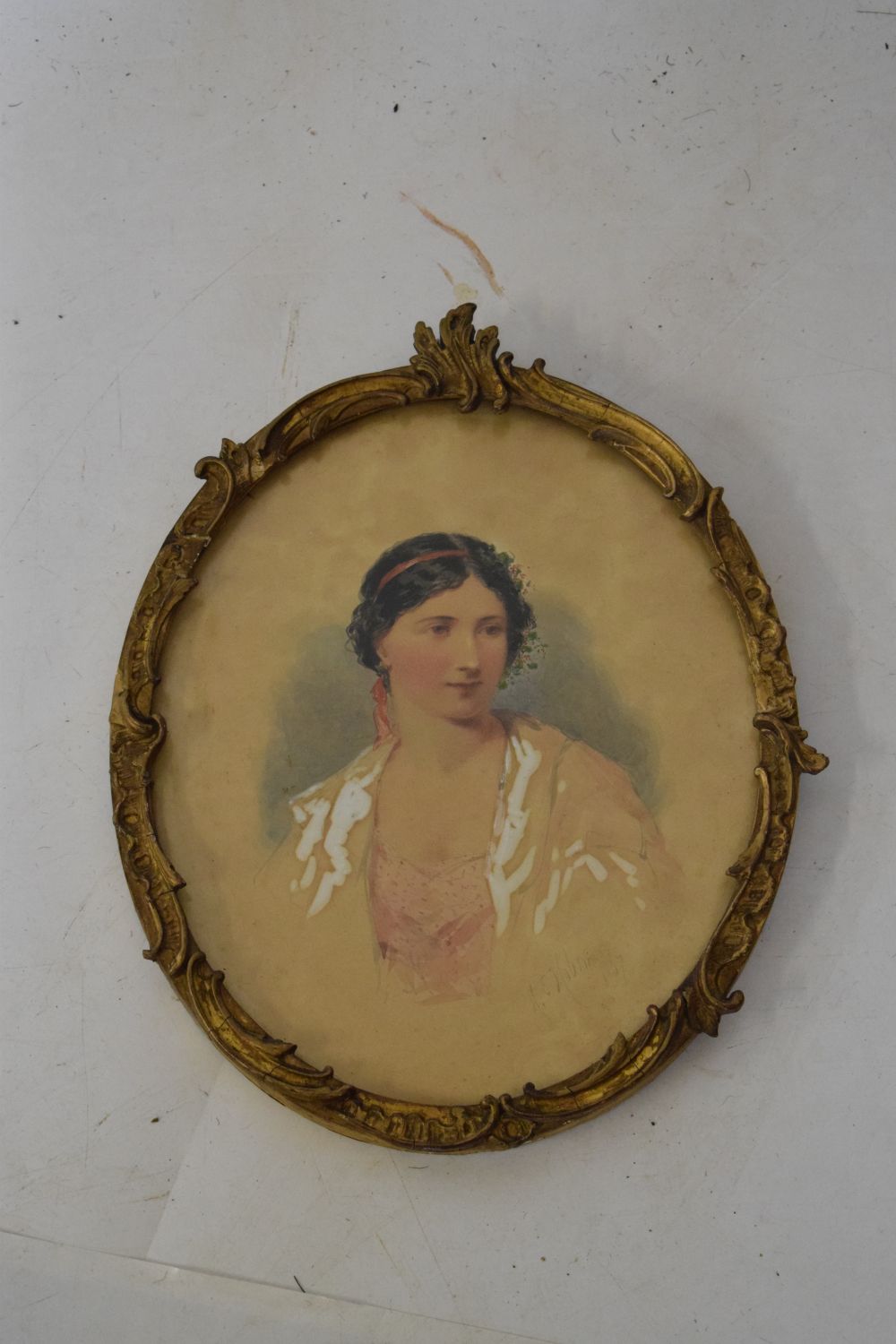 H.E. Hobson - Watercolour - Portrait of lady wearing a shawl, signed and dated 1867, in oval gilt - Image 2 of 6