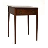 19th Century flame mahogany side table having figured top, one drawer, raised on square tapered