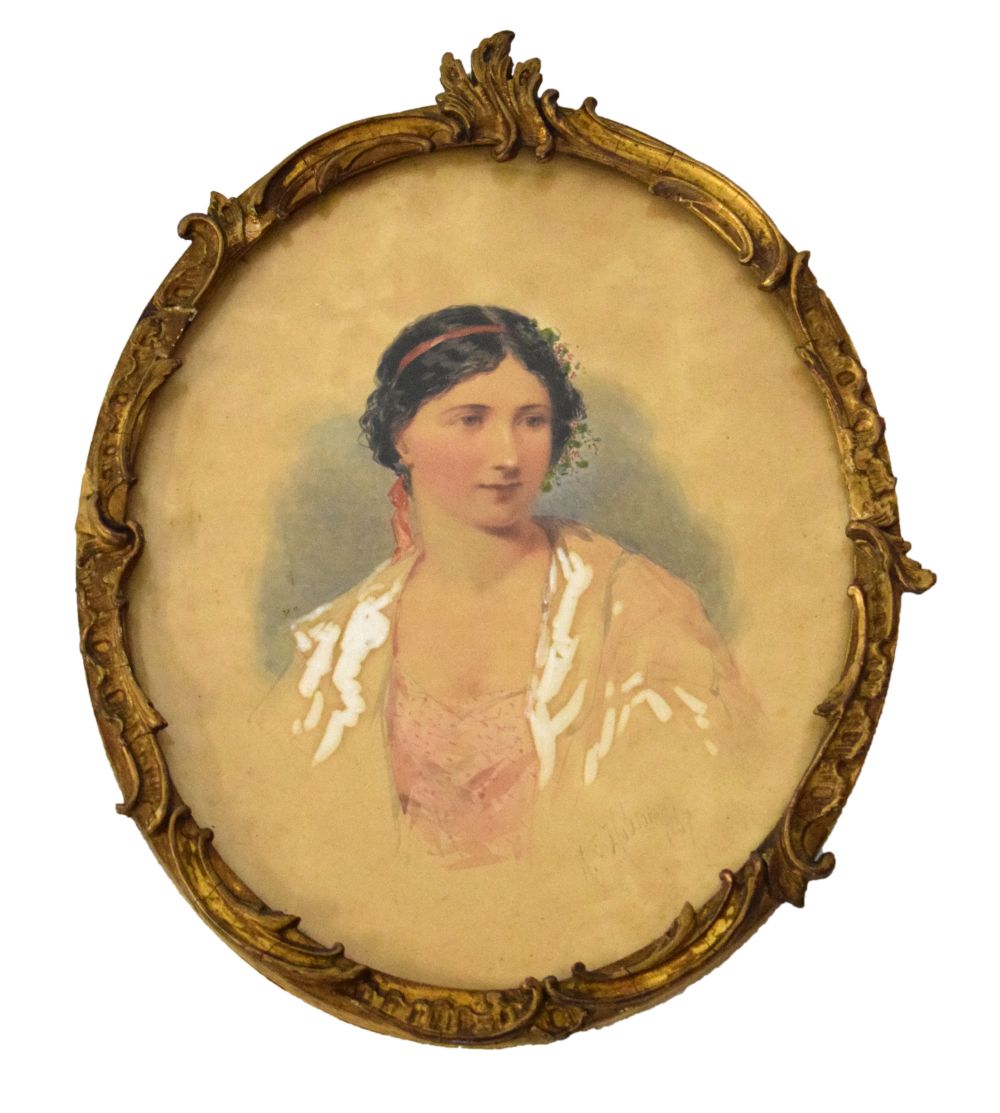 H.E. Hobson - Watercolour - Portrait of lady wearing a shawl, signed and dated 1867, in oval gilt