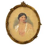 H.E. Hobson - Watercolour - Portrait of lady wearing a shawl, signed and dated 1867, in oval gilt
