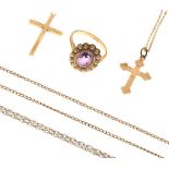 Amethyst and seed pearl set dress ring, the shank stamped 9ct, 9ct gold crucifix, one other